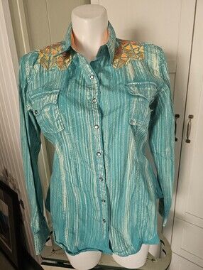 Rock & Roll Cowgirl XL Western Pearl Snap Shirt Teal Orange Embroidered Roll Tab